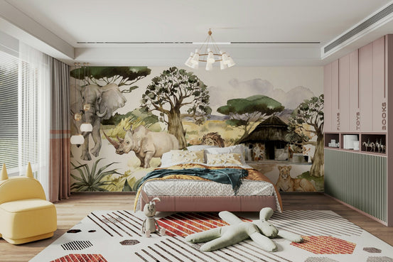 African wildlife watercolor mural with lions and elephants, GD1237