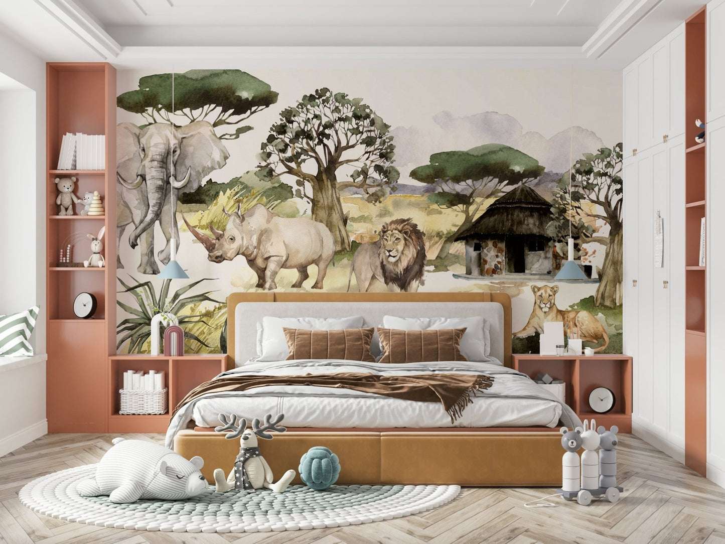 Watercolor African safari mural with wildlife and nature


