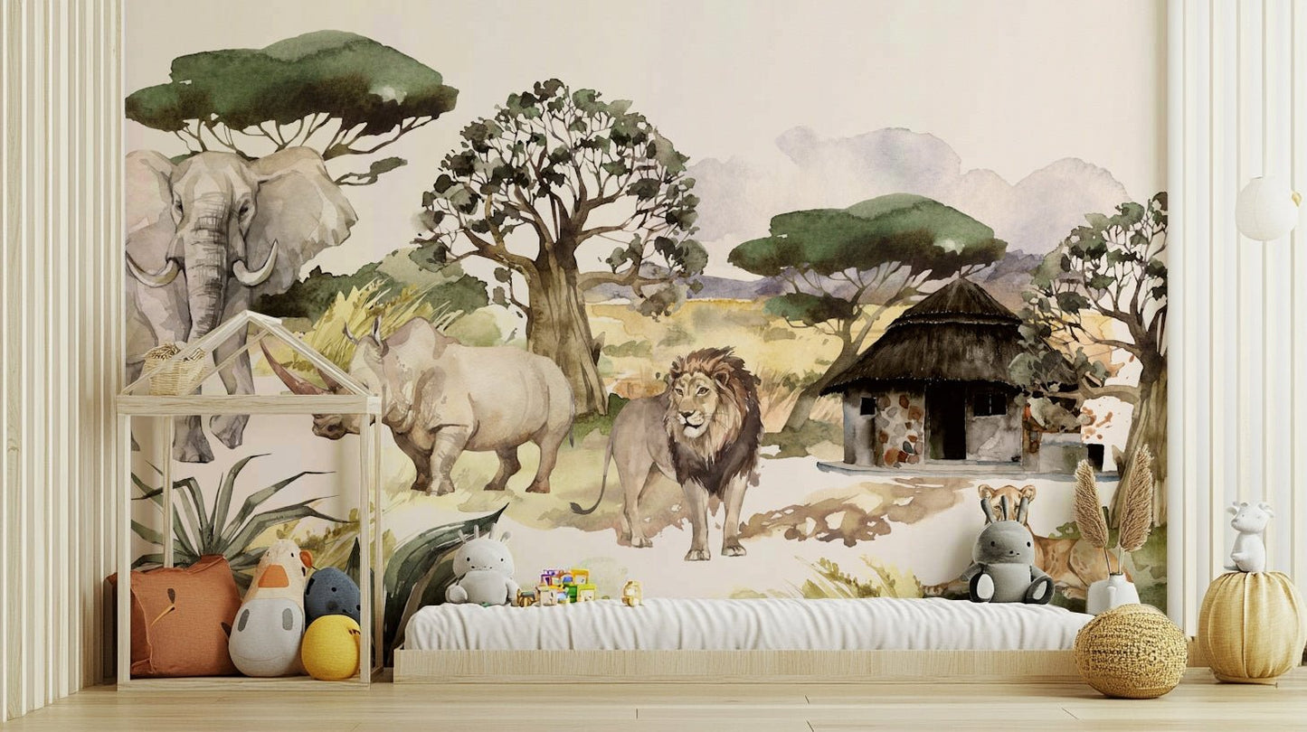 African safari mural with elephants and lions in watercolor

