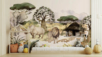 African safari mural with elephants and lions in watercolor


