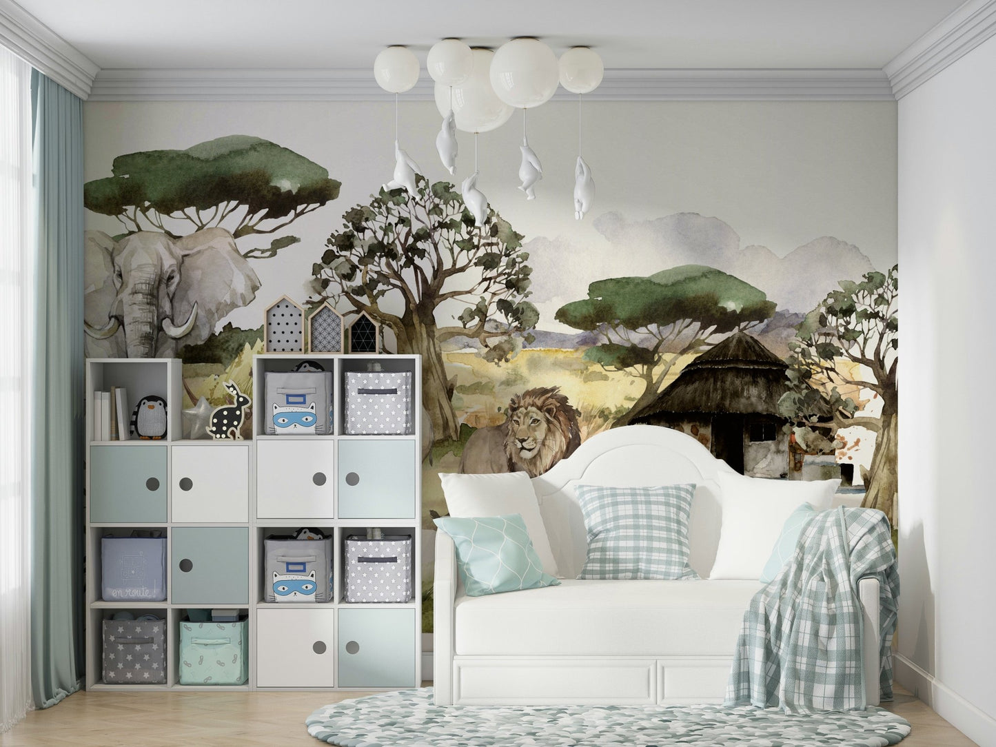 Exotic wildlife in vibrant watercolor on African mural

