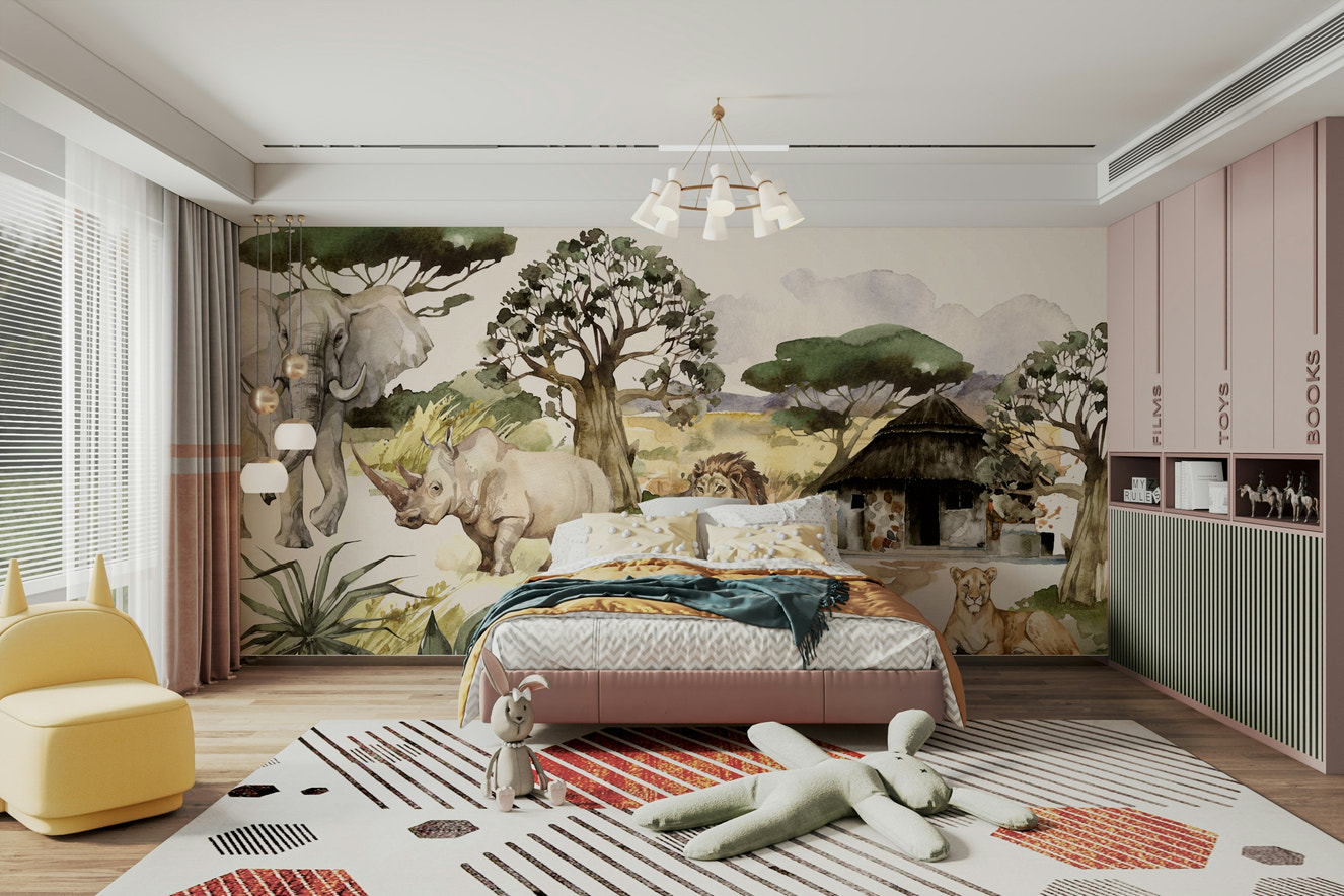 African wildlife watercolor mural with lions and elephants

