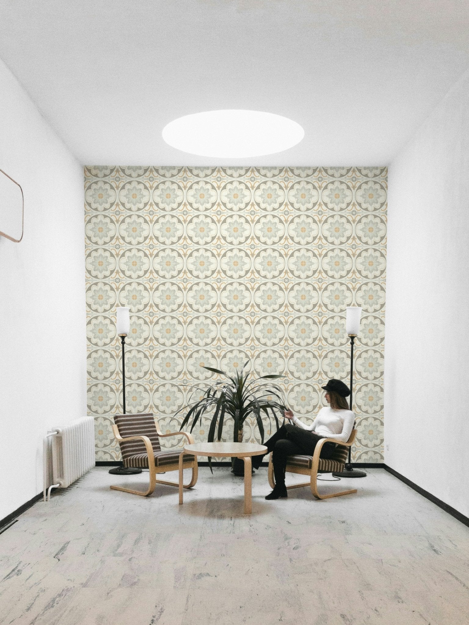 Aged Cement Tile Backsplashes Gray Wallpaper.

