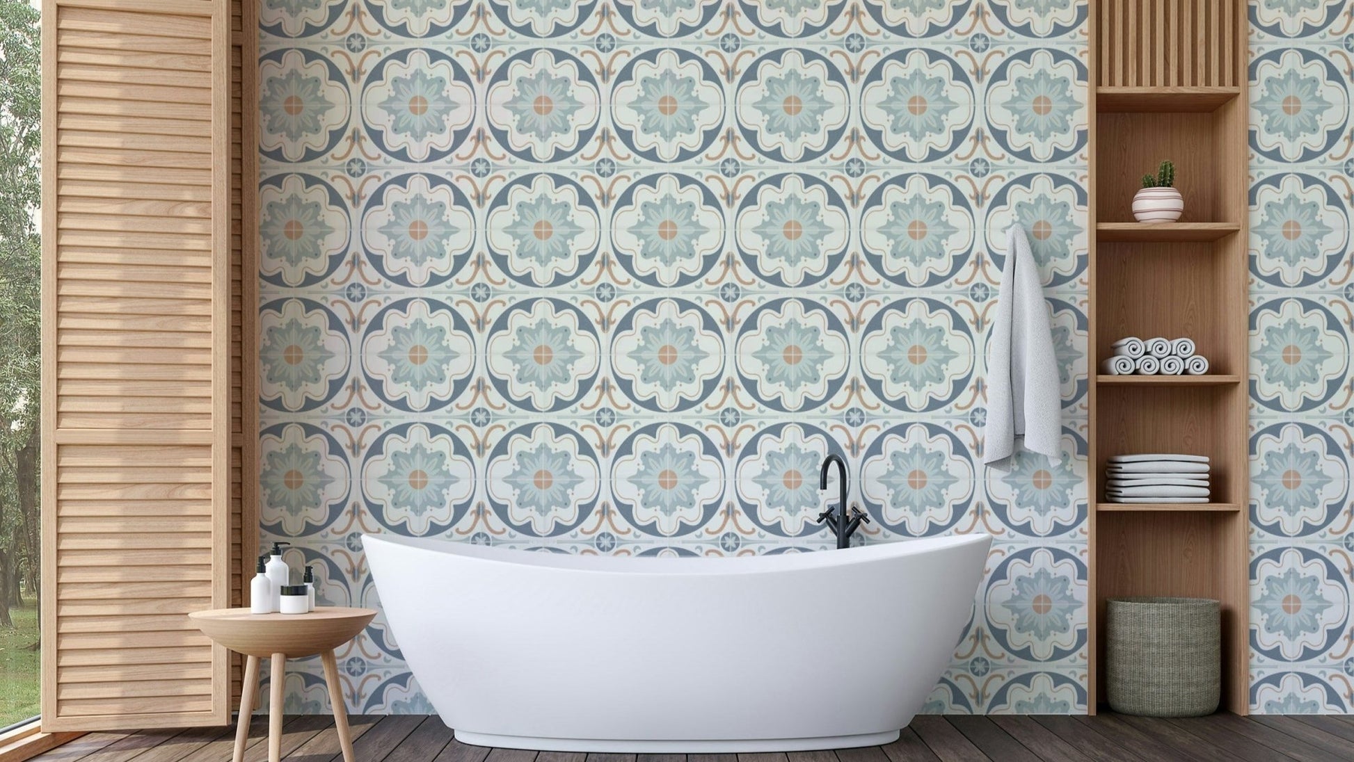 The mural is installed as a backsplash in a modern kitchen.

