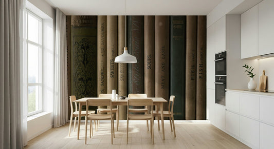 Historic book titles on Aged Editions Wall Mural backdrop.