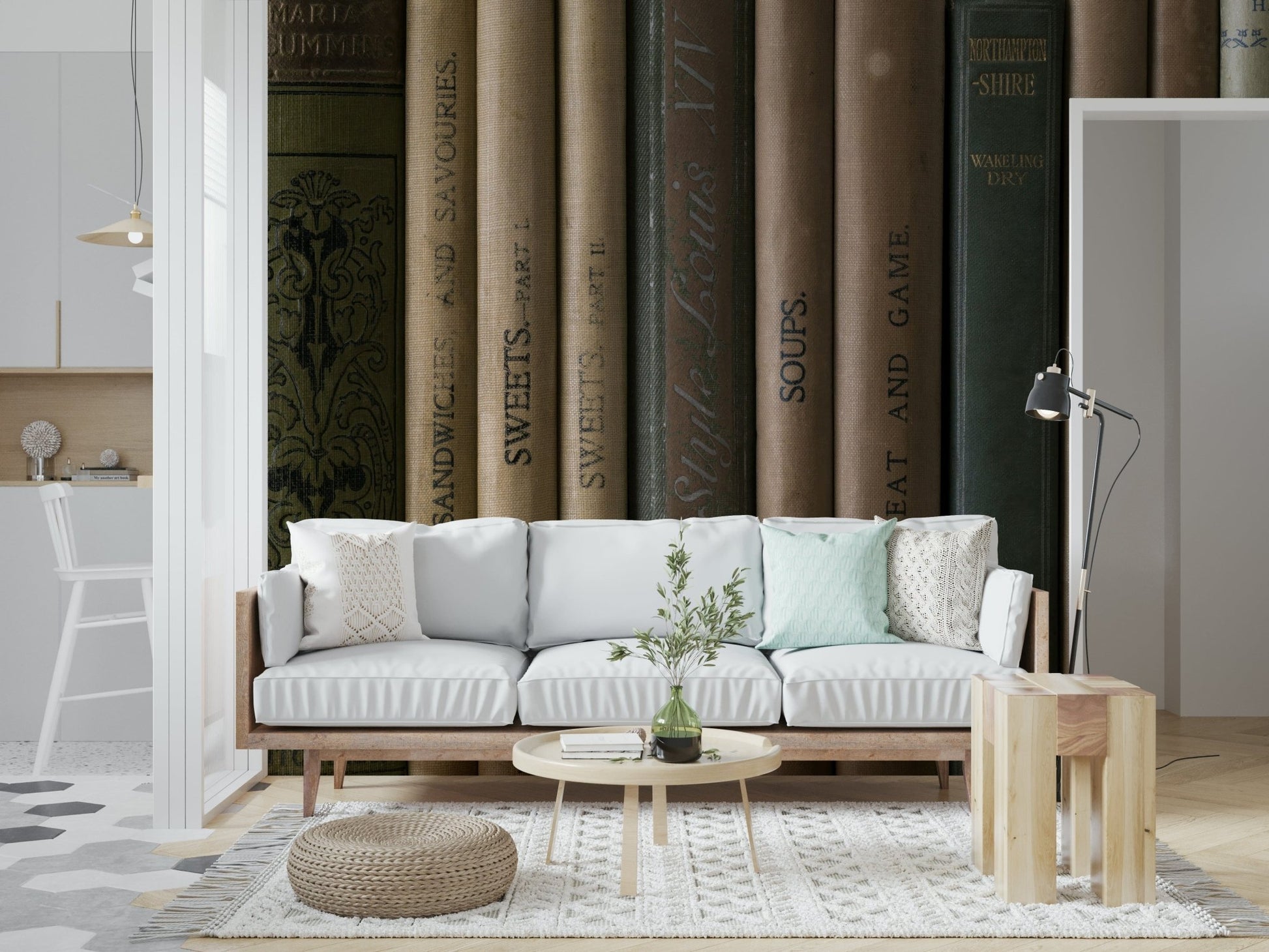 Sepia-toned old books on the Aged Editions wallpaper mural., GD6712