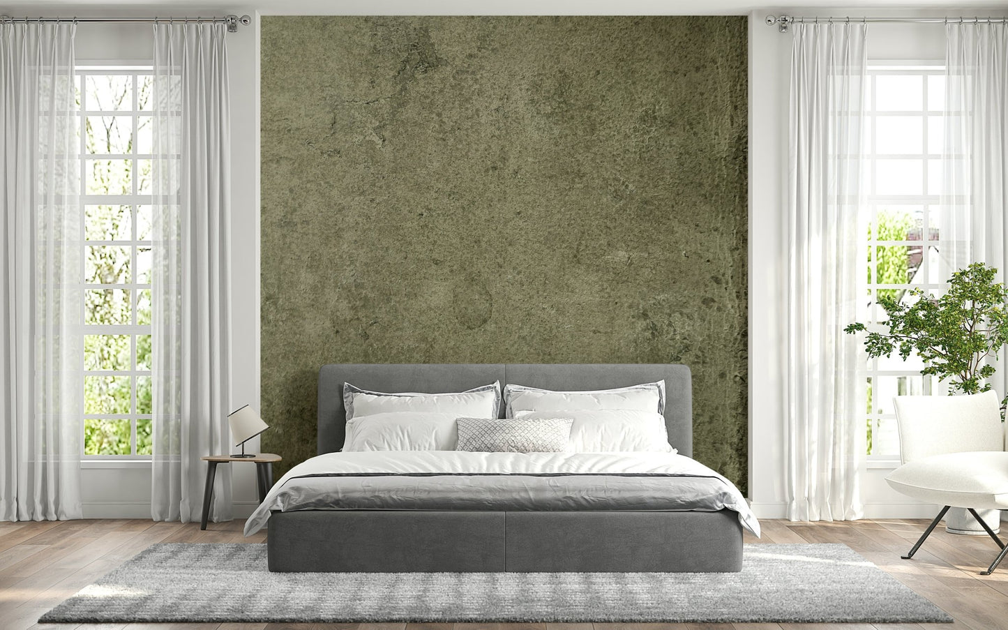 A graceful subtle pattern wall mural in cool, olive tones.