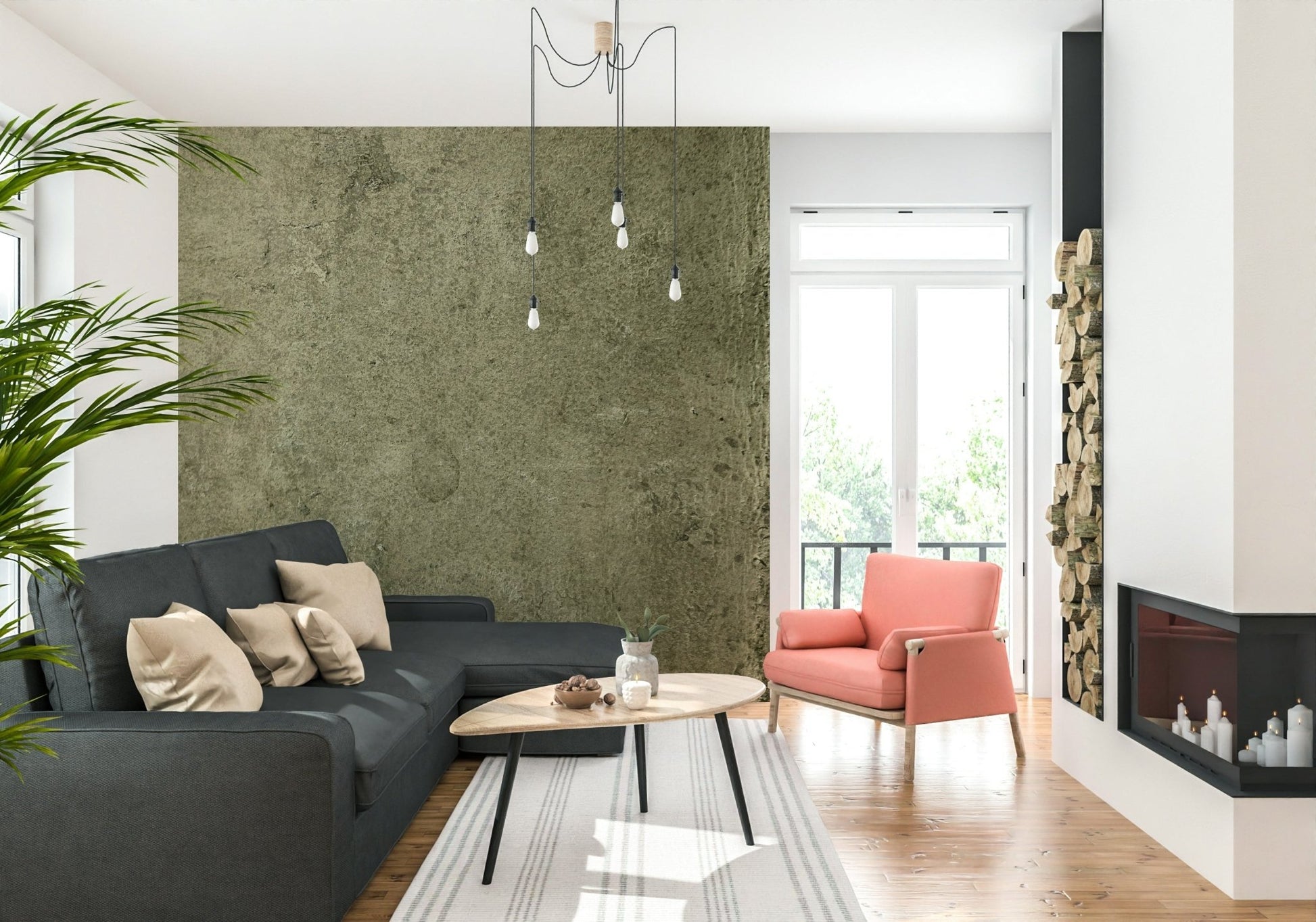 A peaceful modern abstract mural on decorative wallpaper.