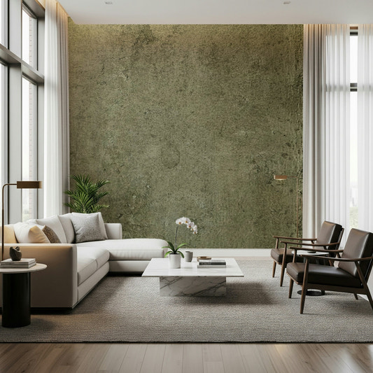 A beautiful aged leather wallpaper mural with an olive green texture.