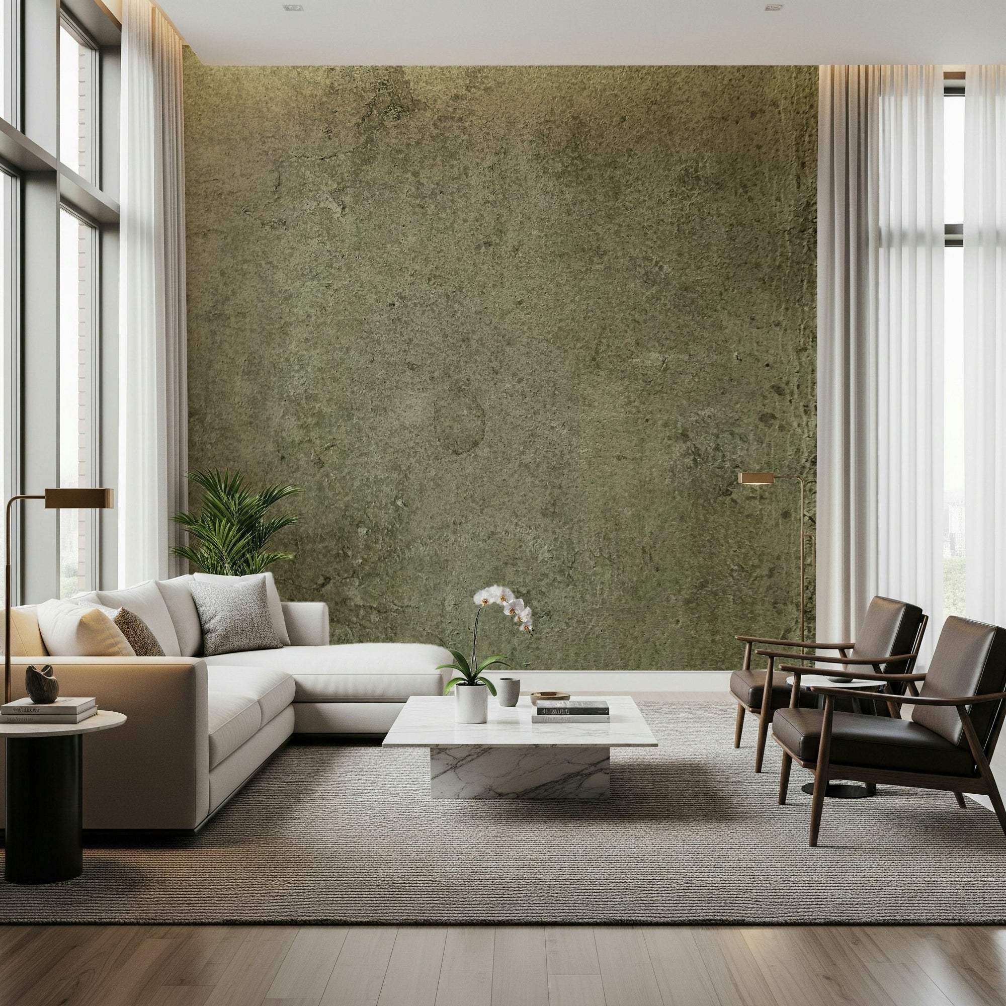 A beautiful aged leather wallpaper mural with an olive green texture., GD5991