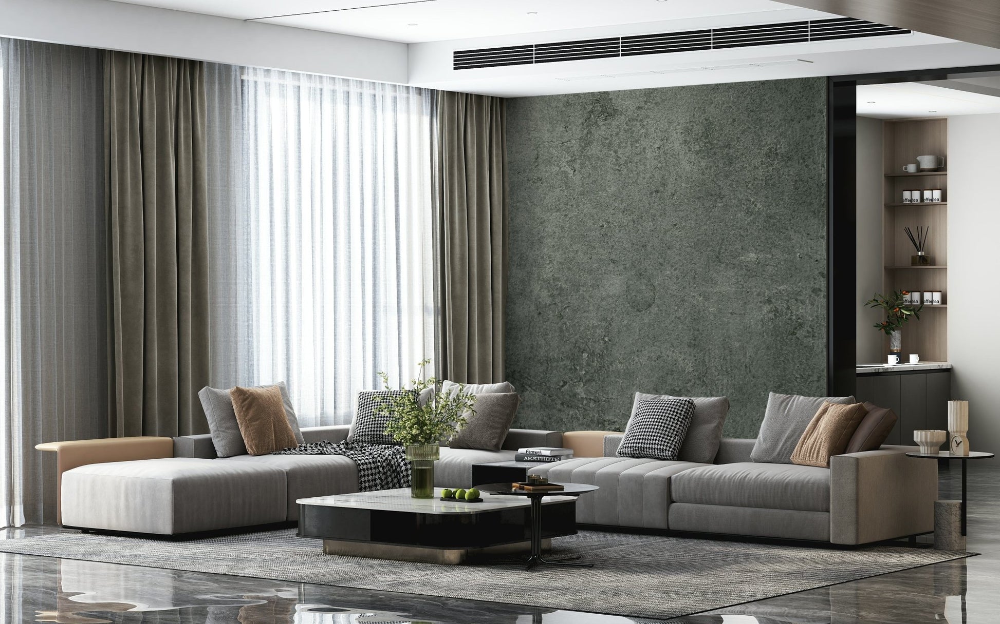 A graceful subtle pattern wall mural in cool, moody tones.