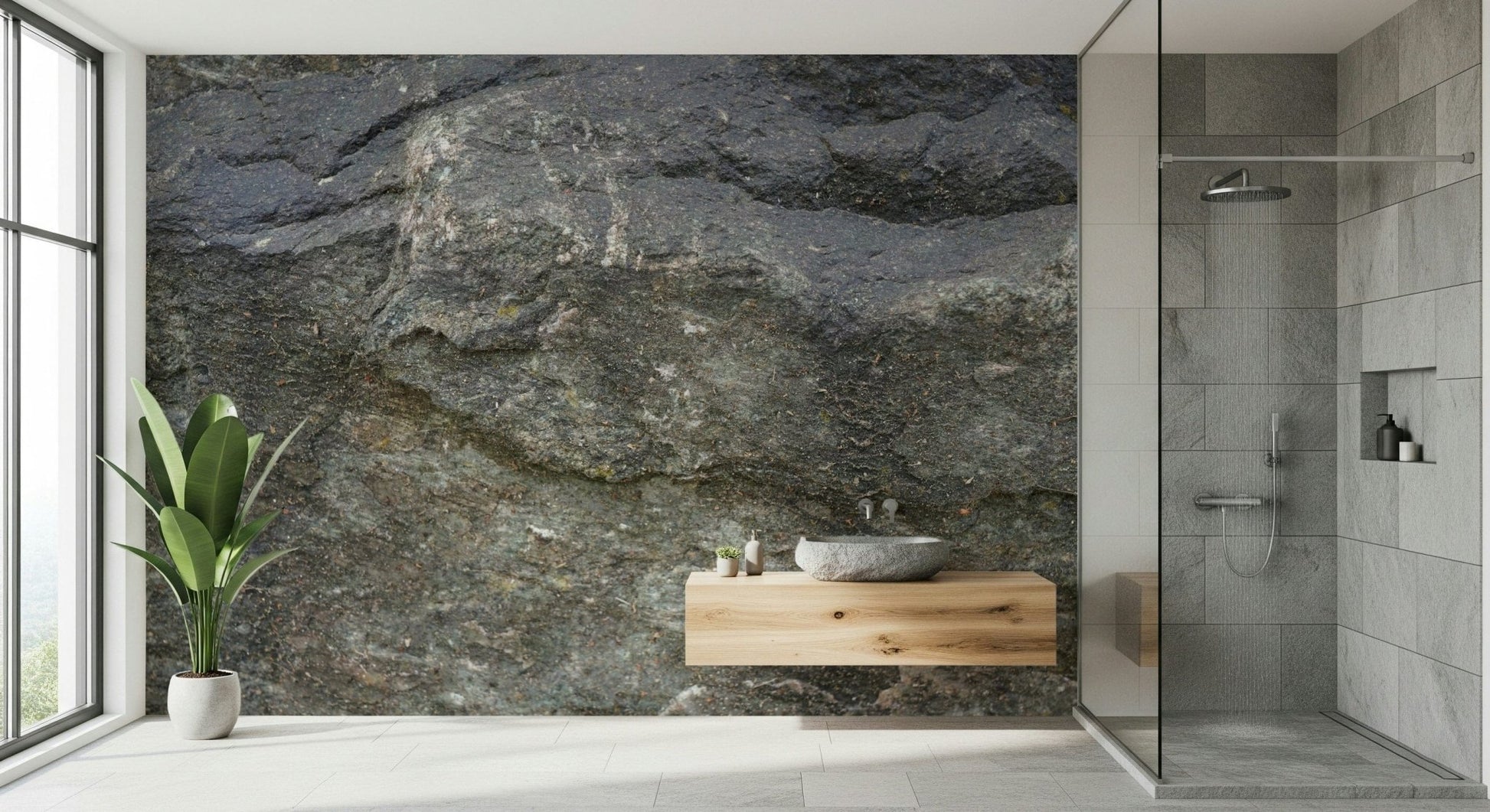 Living room with Aged Stone Surface Wall Mural accent., GD6047
