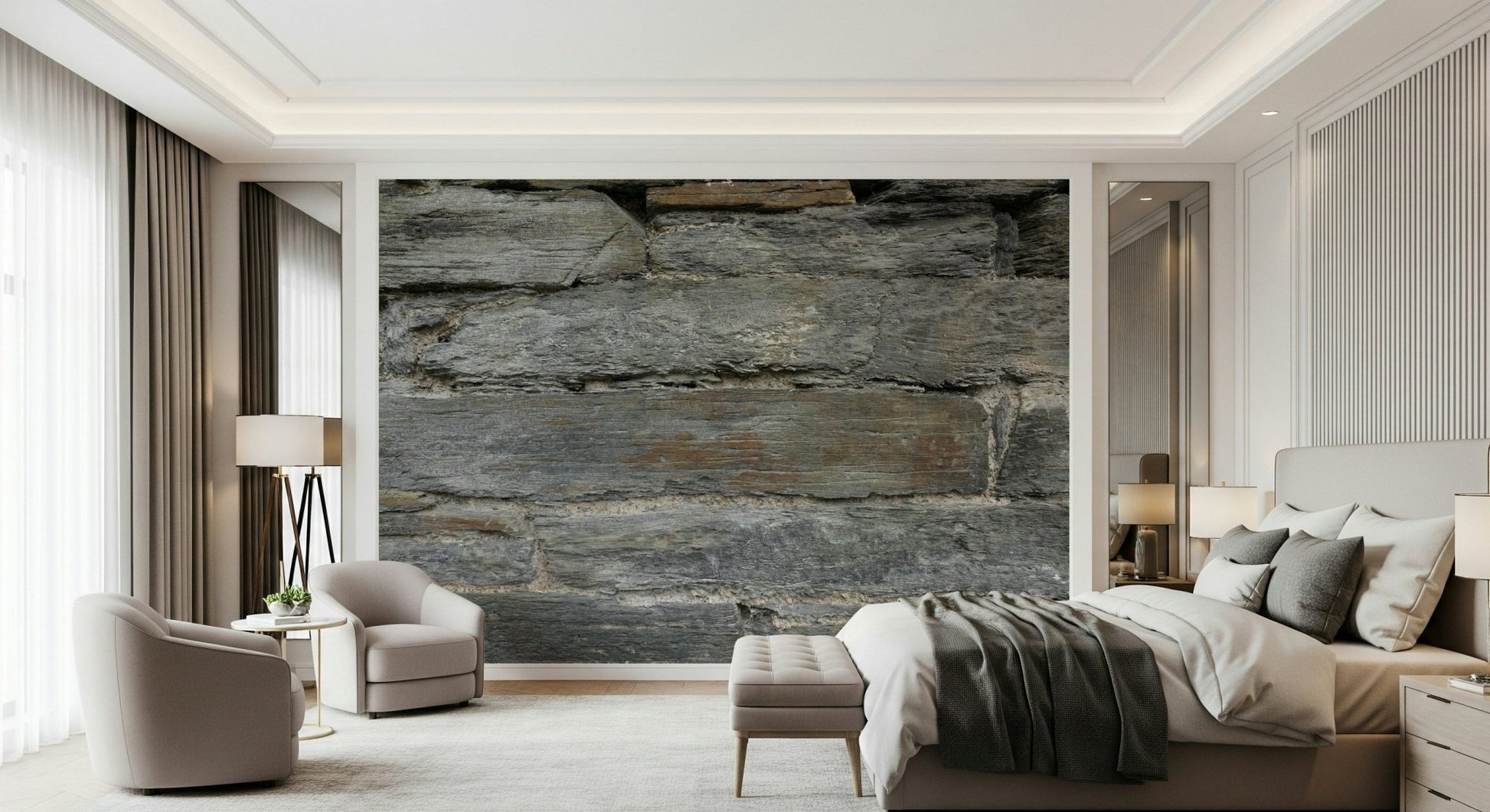 Contemporary kitchen with aged stone wall feature., GD6068