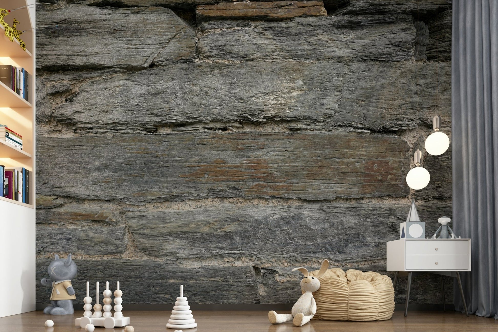 Aged stone wallpaper mural behind a dining table., GD6068