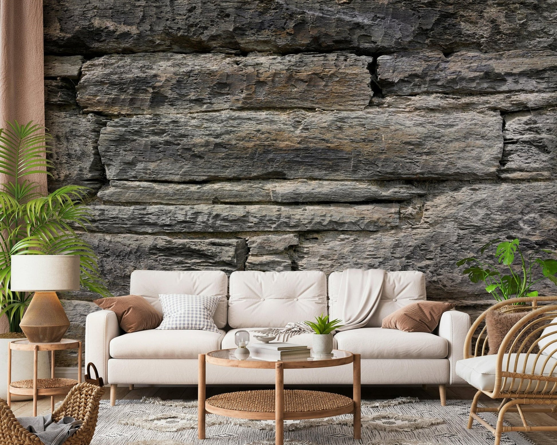 Vintage-look block wall wallpaper for office.