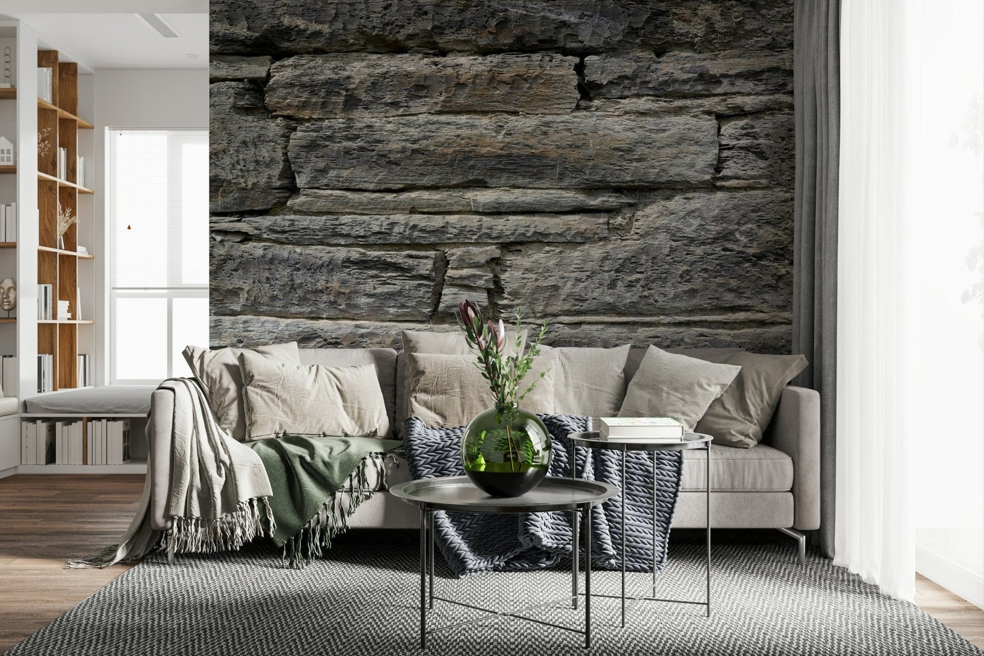 Close-up of weathered block pattern wallpaper.