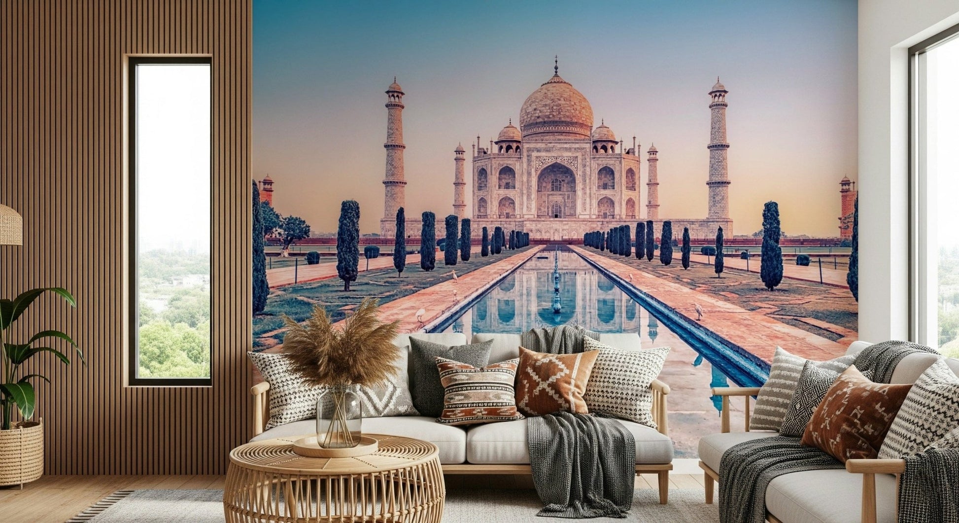 lounge area styling feels refined with Agra's Jewel wall mural backdrop
