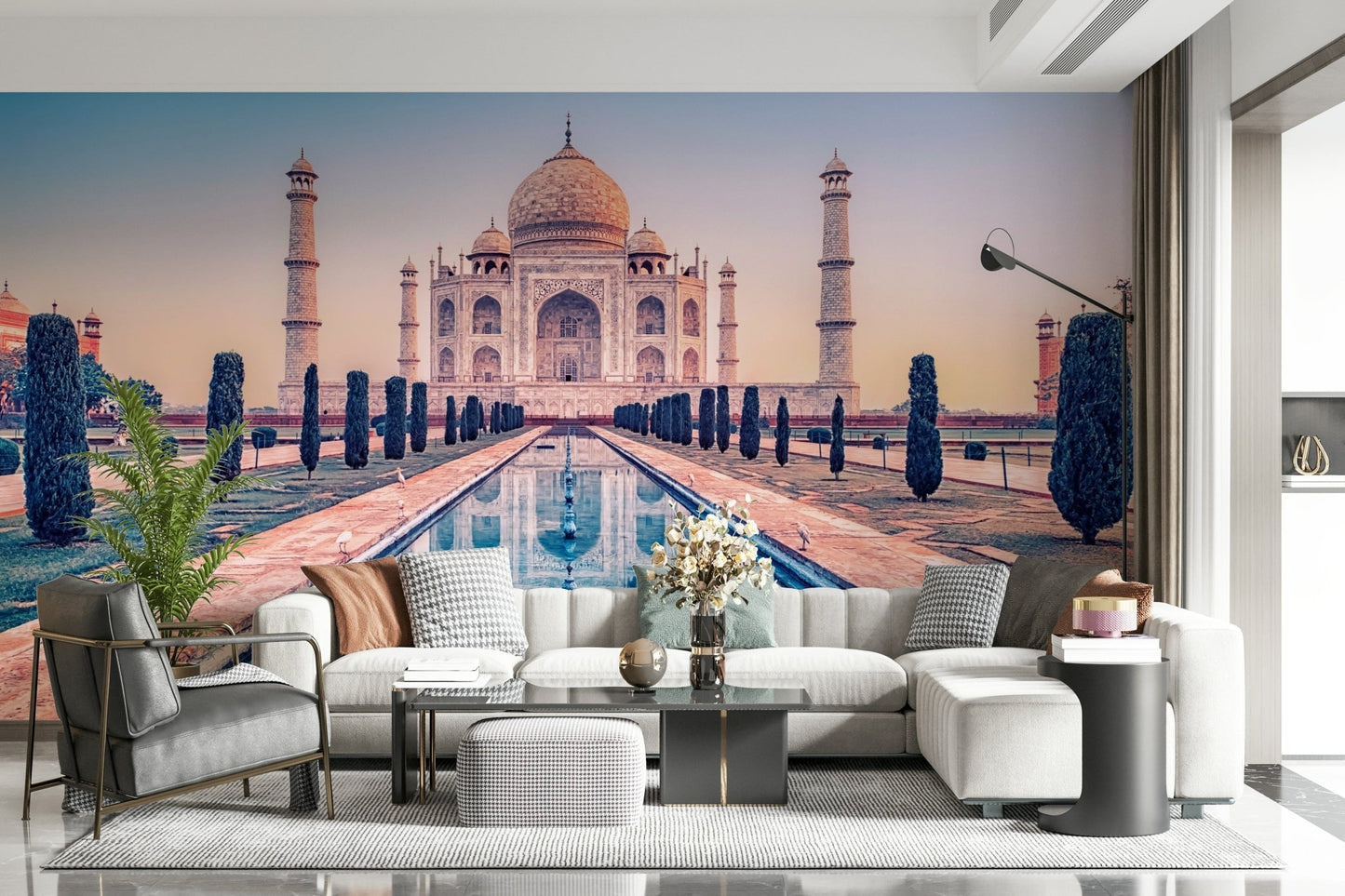 Living space becomes calmer with Agra's Jewel wall mural reflection scene