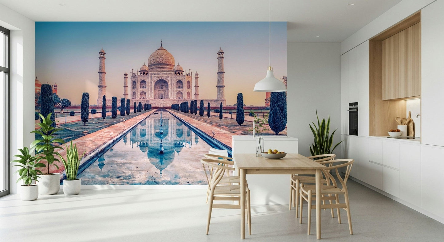 Dining room styling feels structured with Agra's Jewel wall mural view