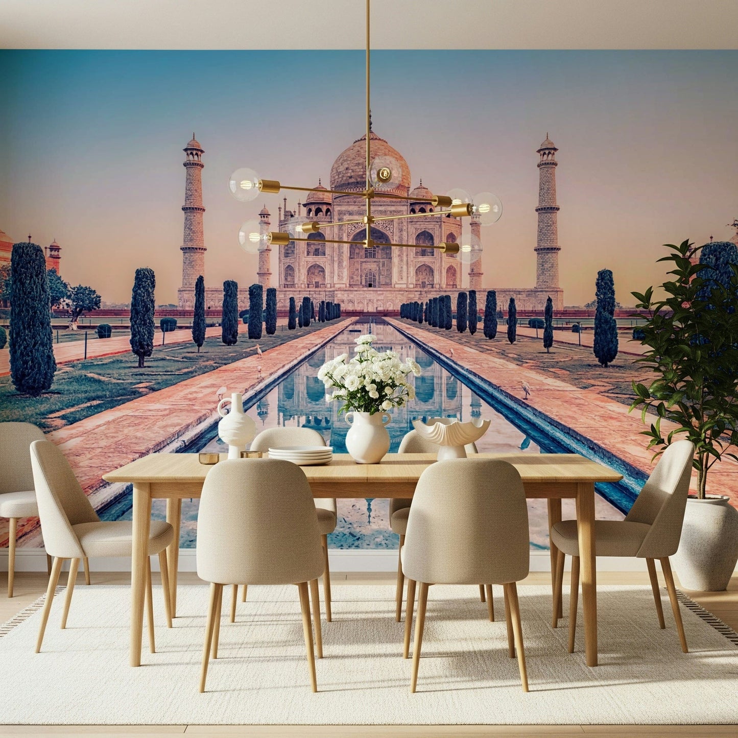 Dining room setup benefits from Agra's Jewel wall mural depth and alignment