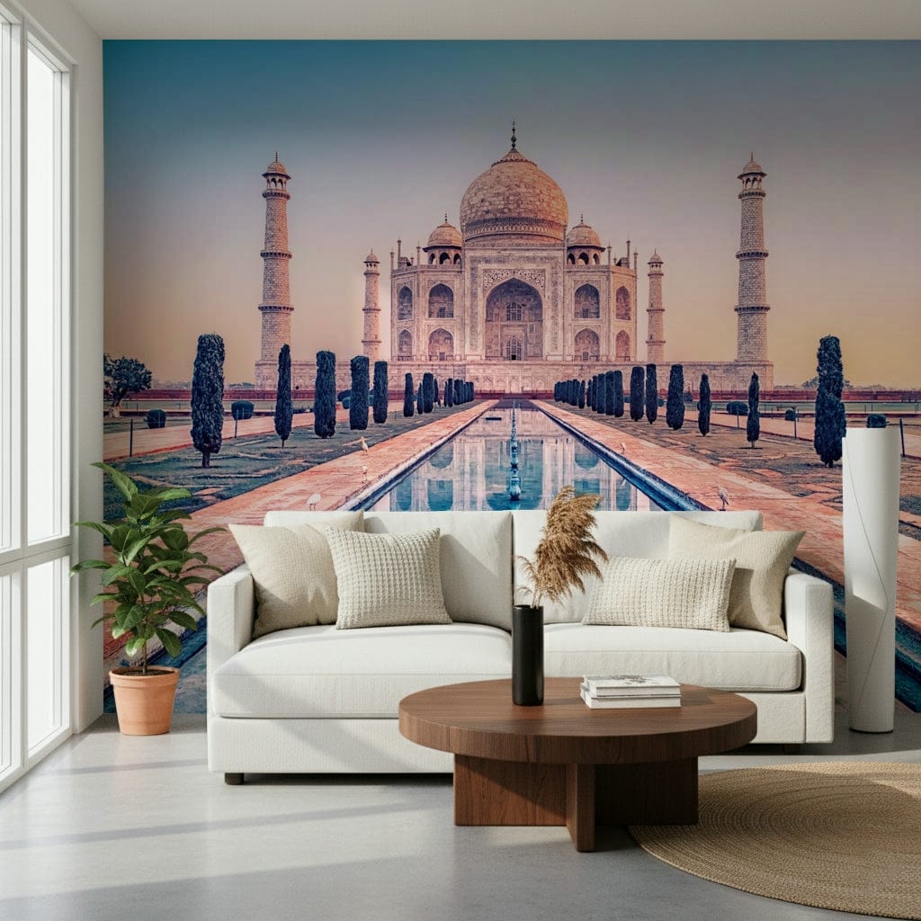 A Hallway feels softer beside Agra's Jewel wall mural and gentle tones