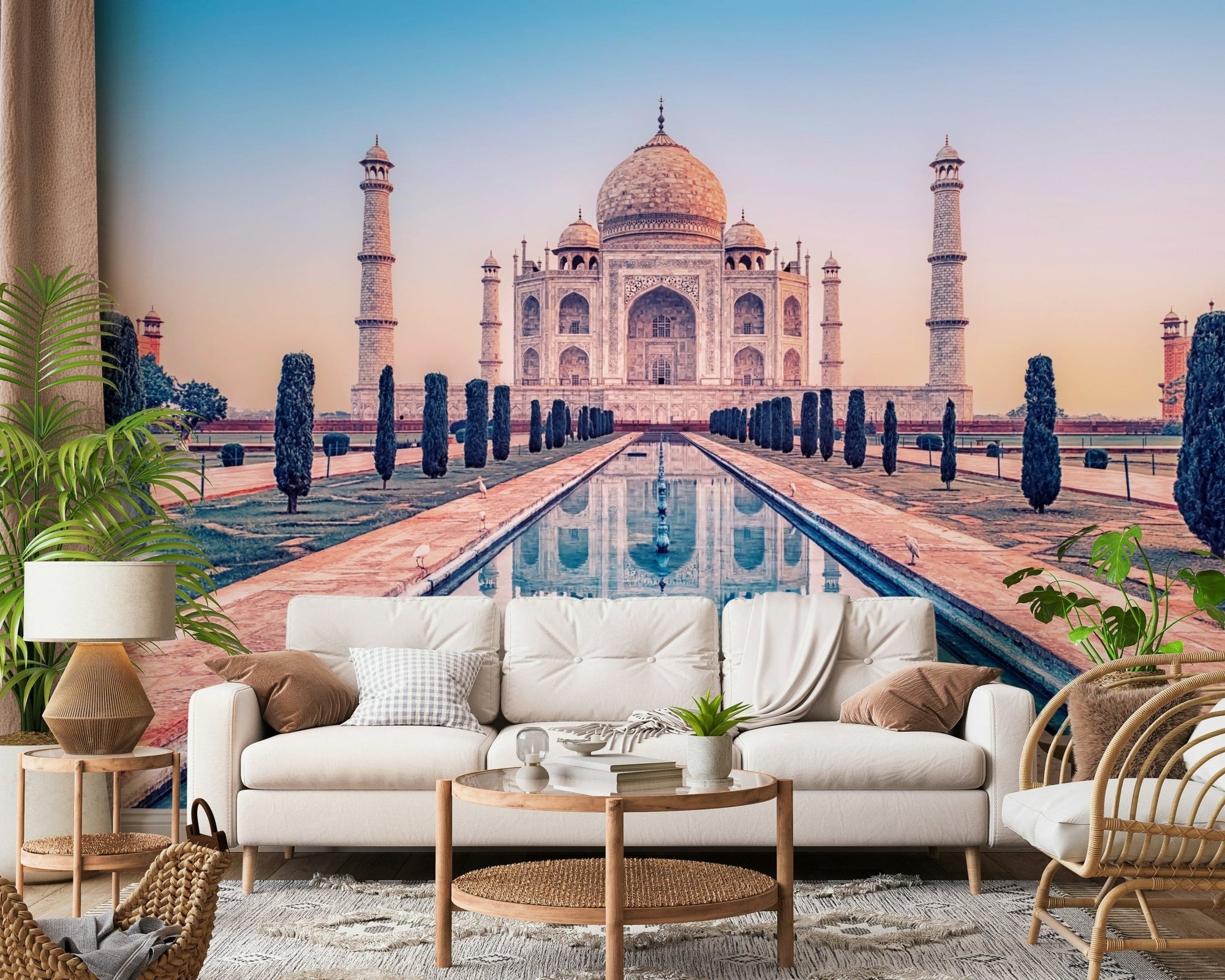 A living room feels balanced with Agra's Jewel wall mural and central symmetry, GD7933
