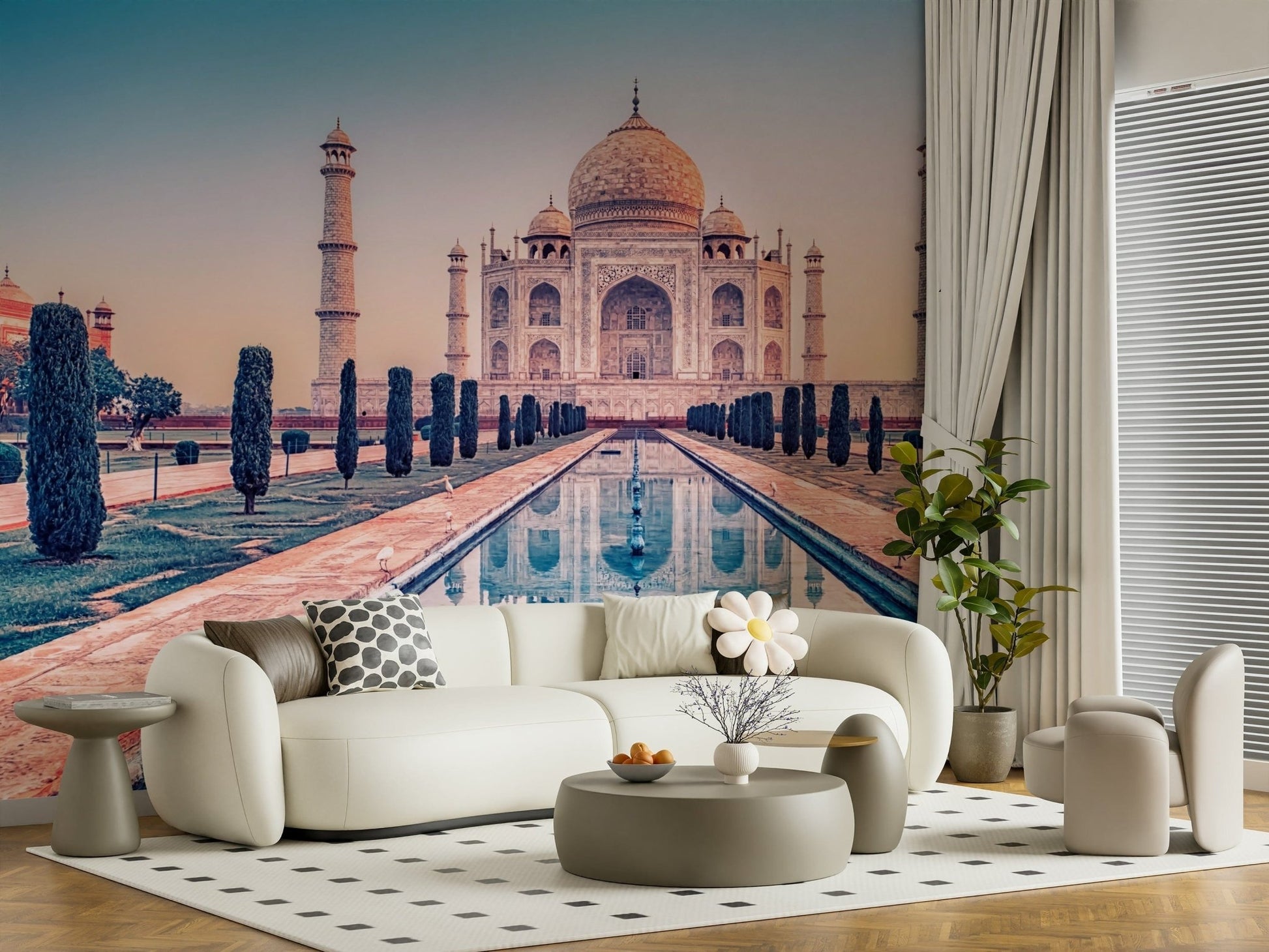 office sofa space feels lighter with Agra's Jewel wall mural reflection lines
