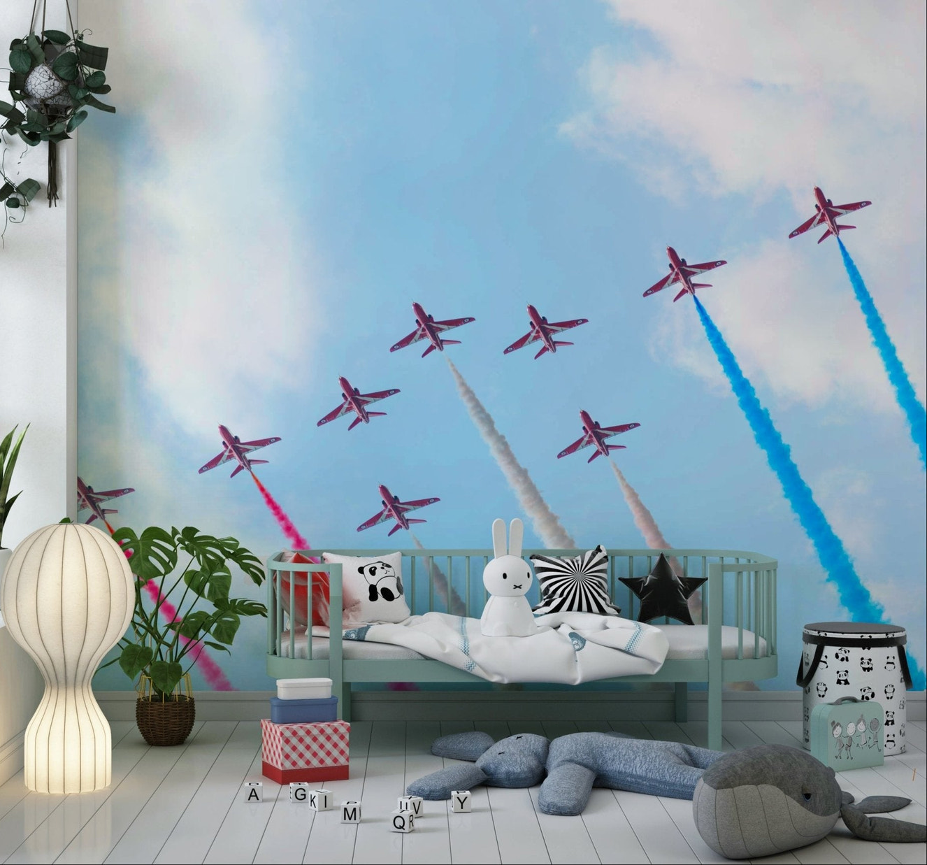 Aviation inspired wall mural with multiple planes for a hallway.