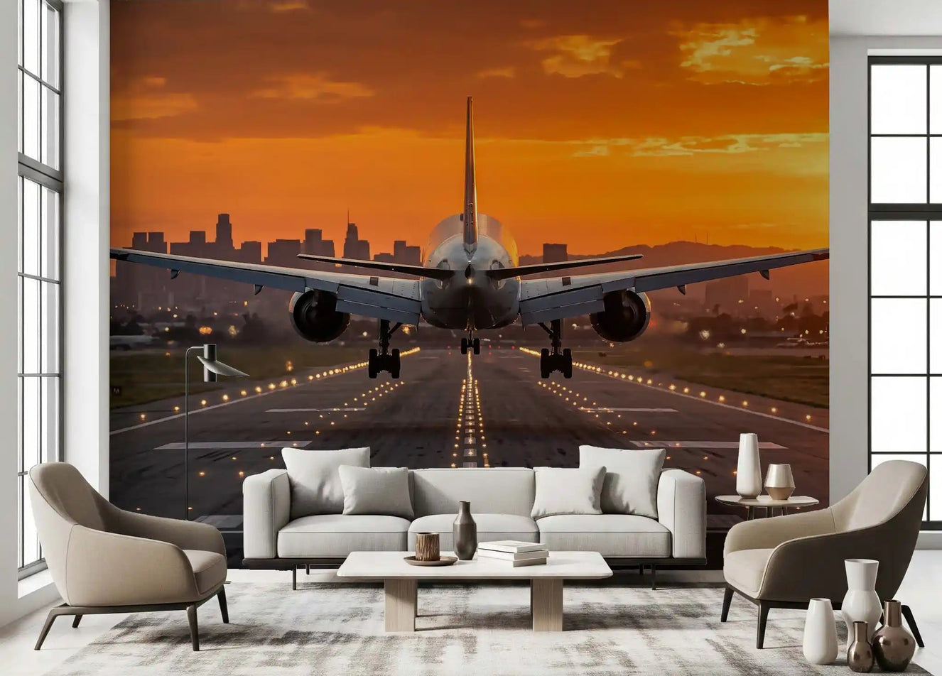 The living room takes on a cinematic feel with the Airport in the Morning wall mural