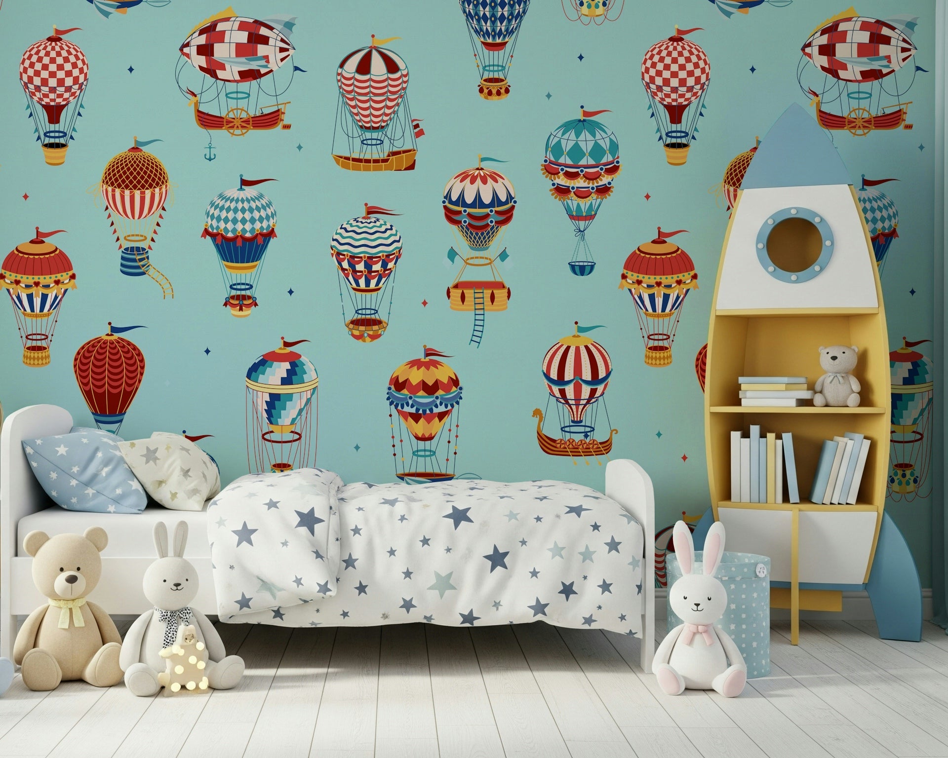 An artistic flying vehicle mural on minimalist wallpaper.