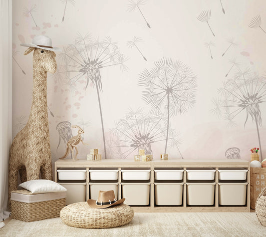 A peaceful wall mural with a magical, ethereal design.

