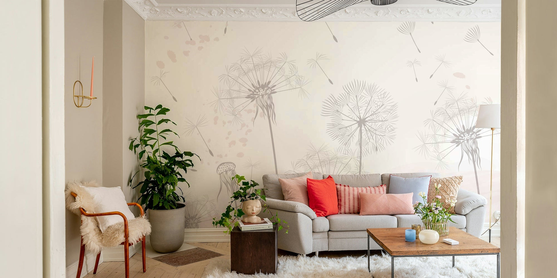 The elements resemble dandelion seeds or soft plumes.

