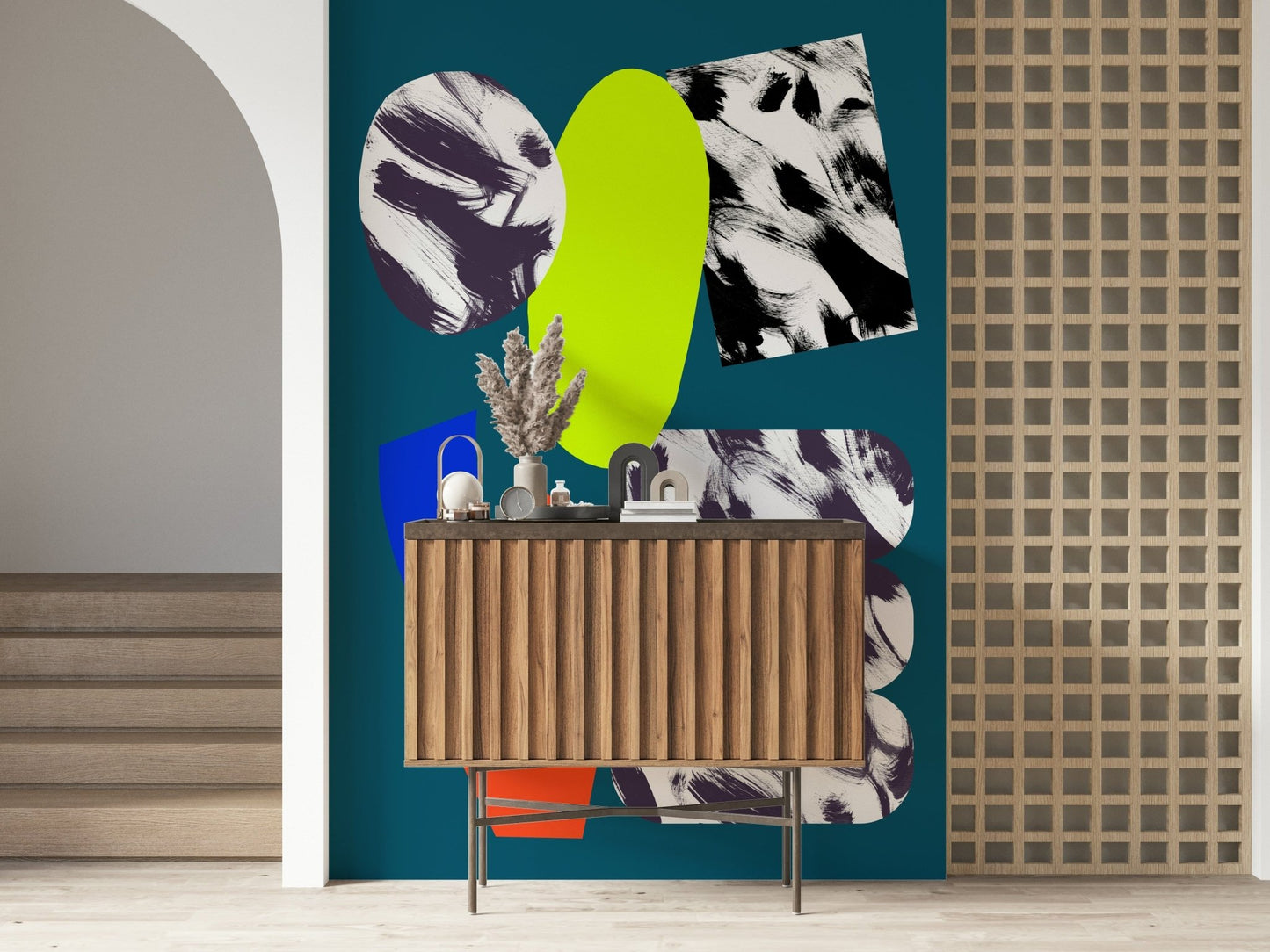 All i feel Wall Mural: Fizzy abstract shapes, lime green, indigo brushstrokes, jaunty.