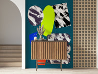 All i feel Wall Mural: Fizzy abstract shapes, lime green, indigo brushstrokes, jaunty.