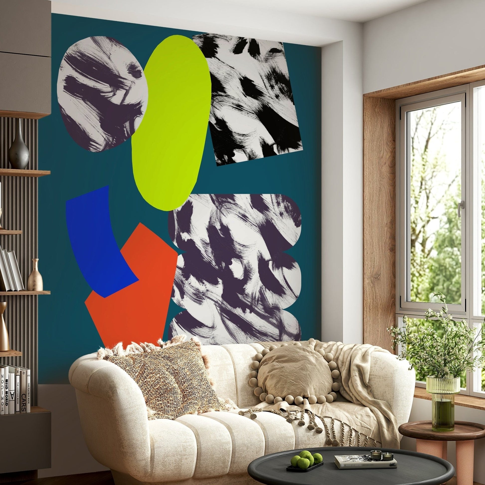 All i feel wallpaper for walls: Lurid yellow, blotchy purples, bold design.