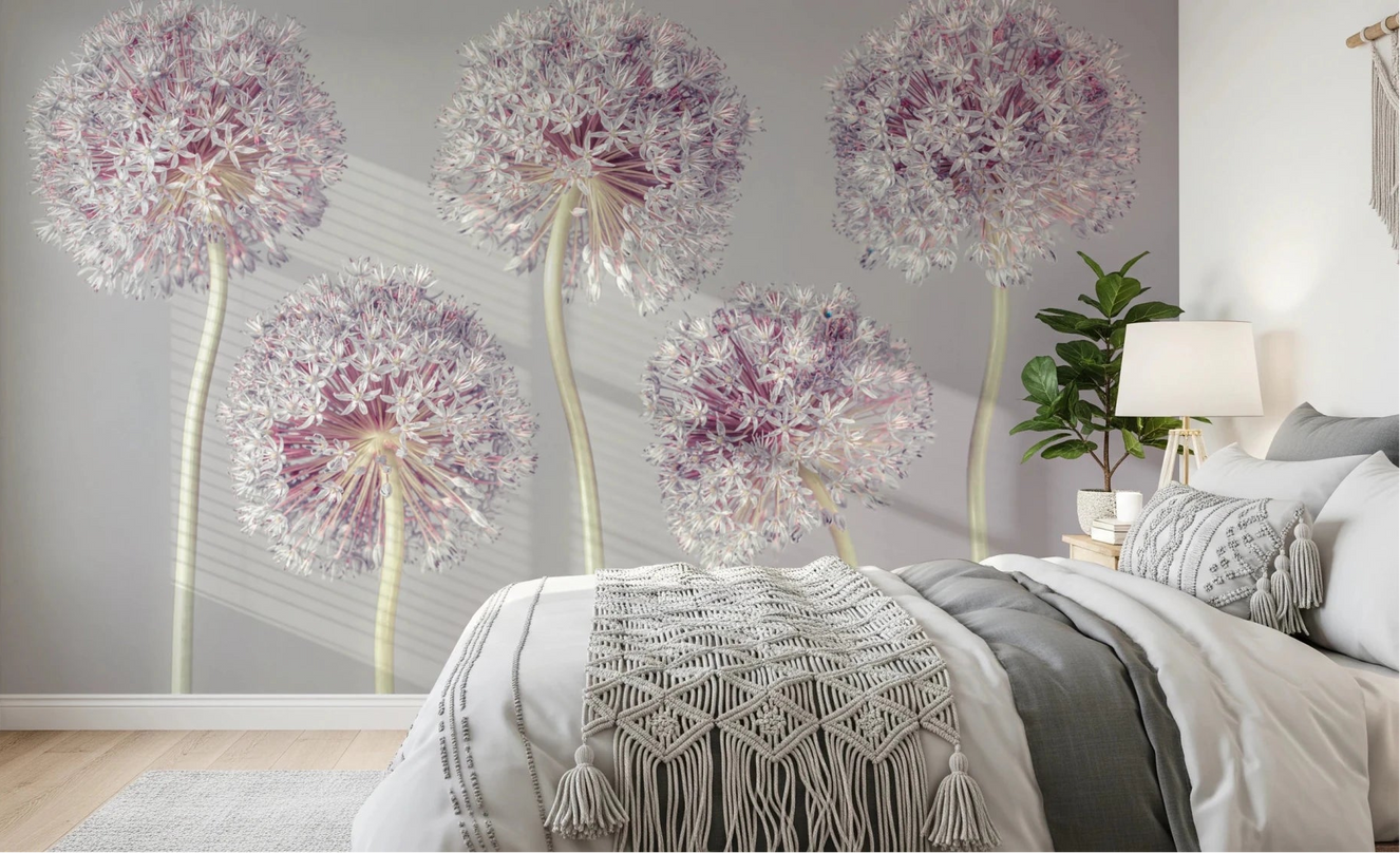 Bedroom styled using Allium Dreams wall mural with airy allium blooms