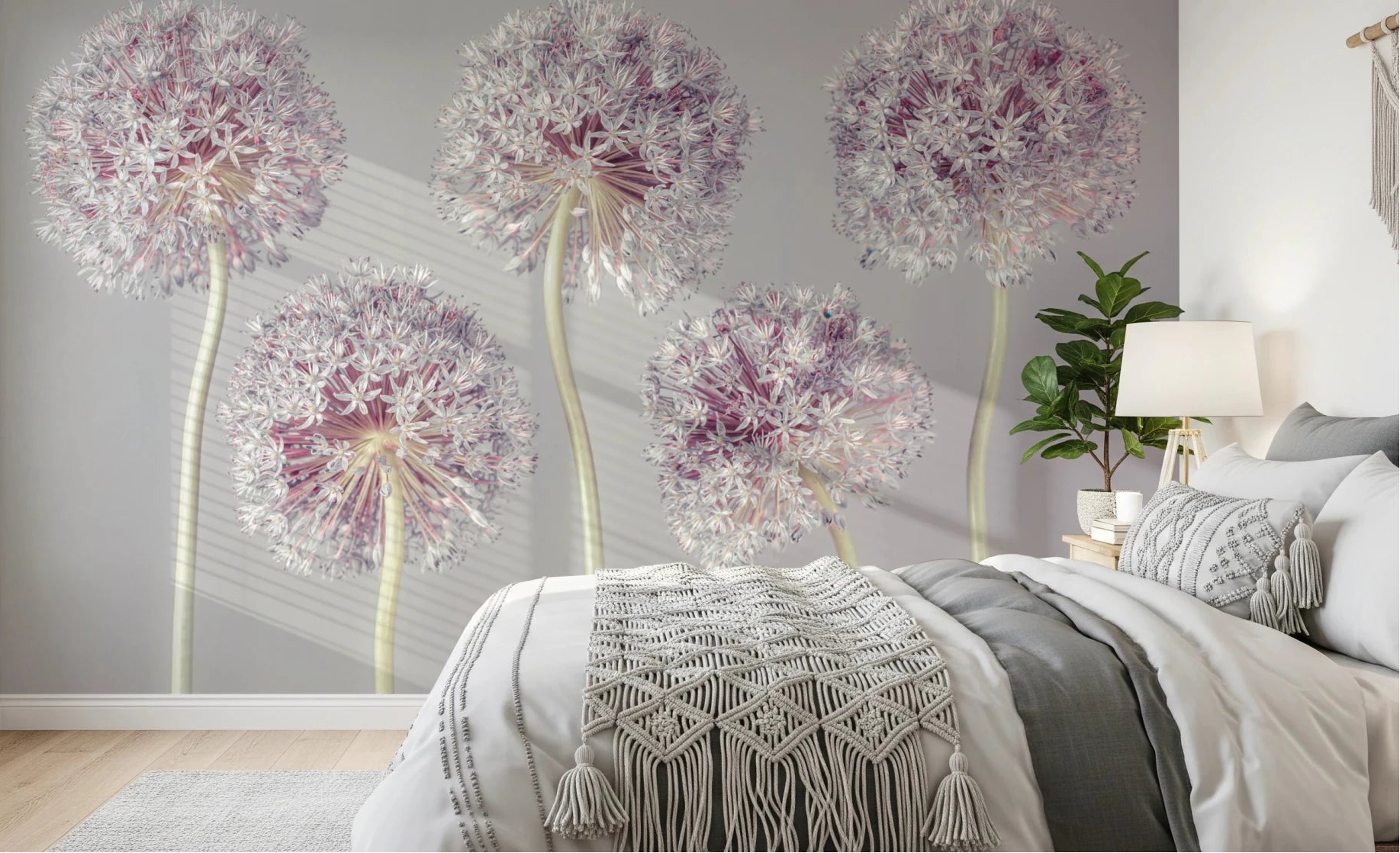 Bedroom styled using Allium Dreams wall mural with airy allium blooms, GD8637