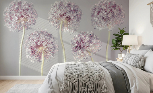 Bedroom styled using Allium Dreams wall mural with airy allium blooms