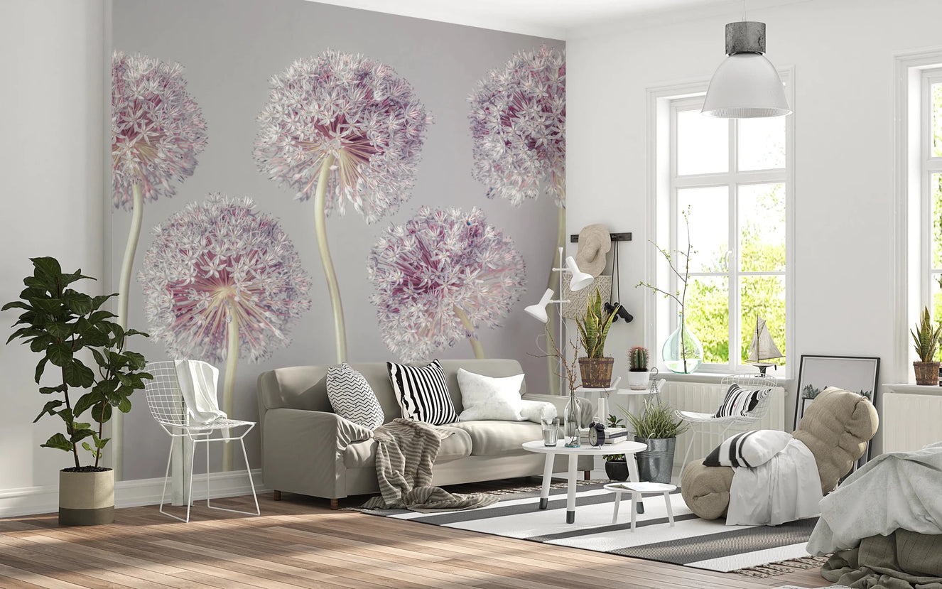 Living room with Allium Dreams wall mural in soft lilac botanical tones