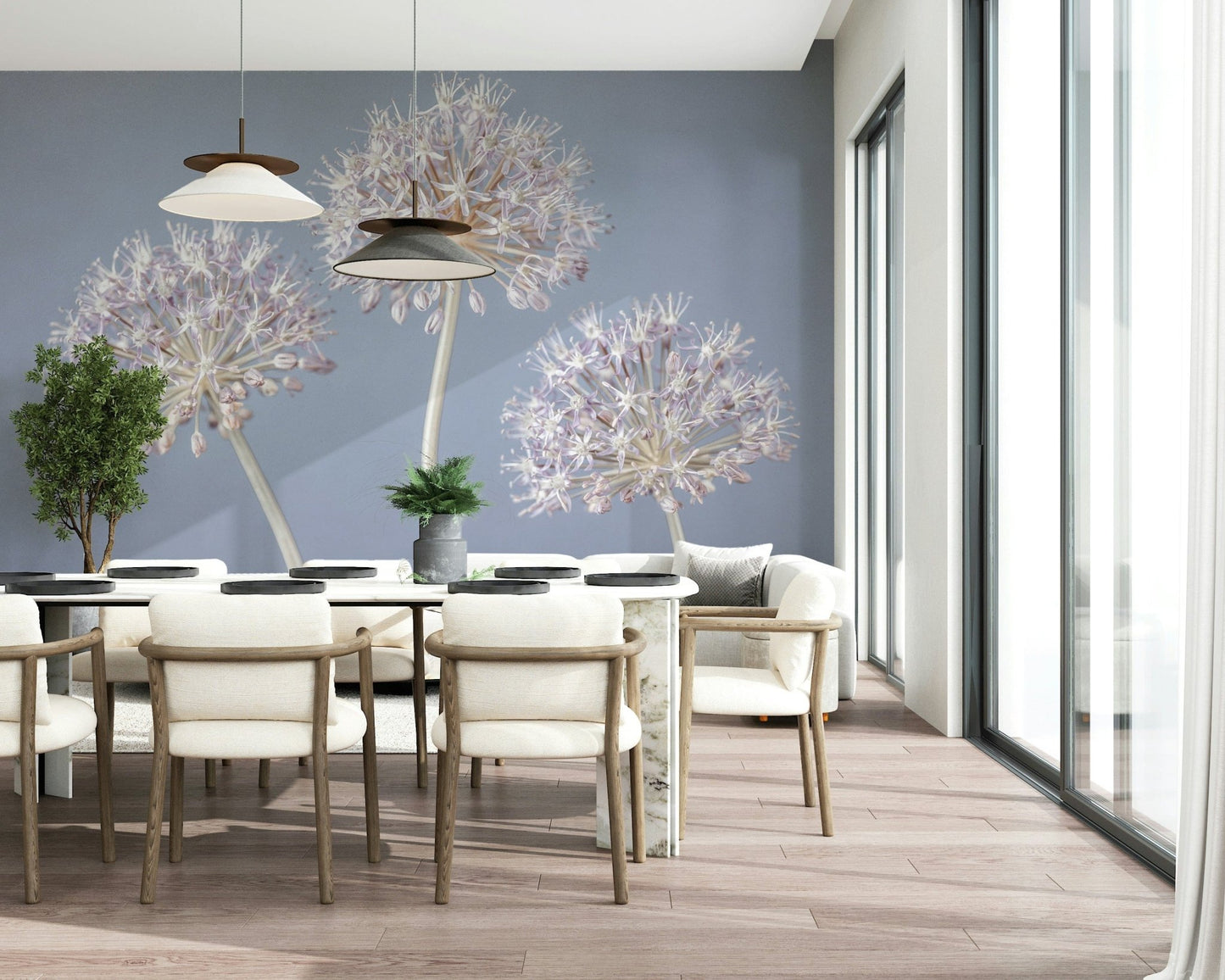 Allium Triplet floral wallpaper. Delicate sphere blossom wall mural.