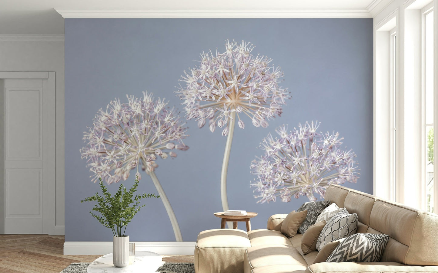 Soft focus Allium Triplet print for walls. Elegant flower pattern.