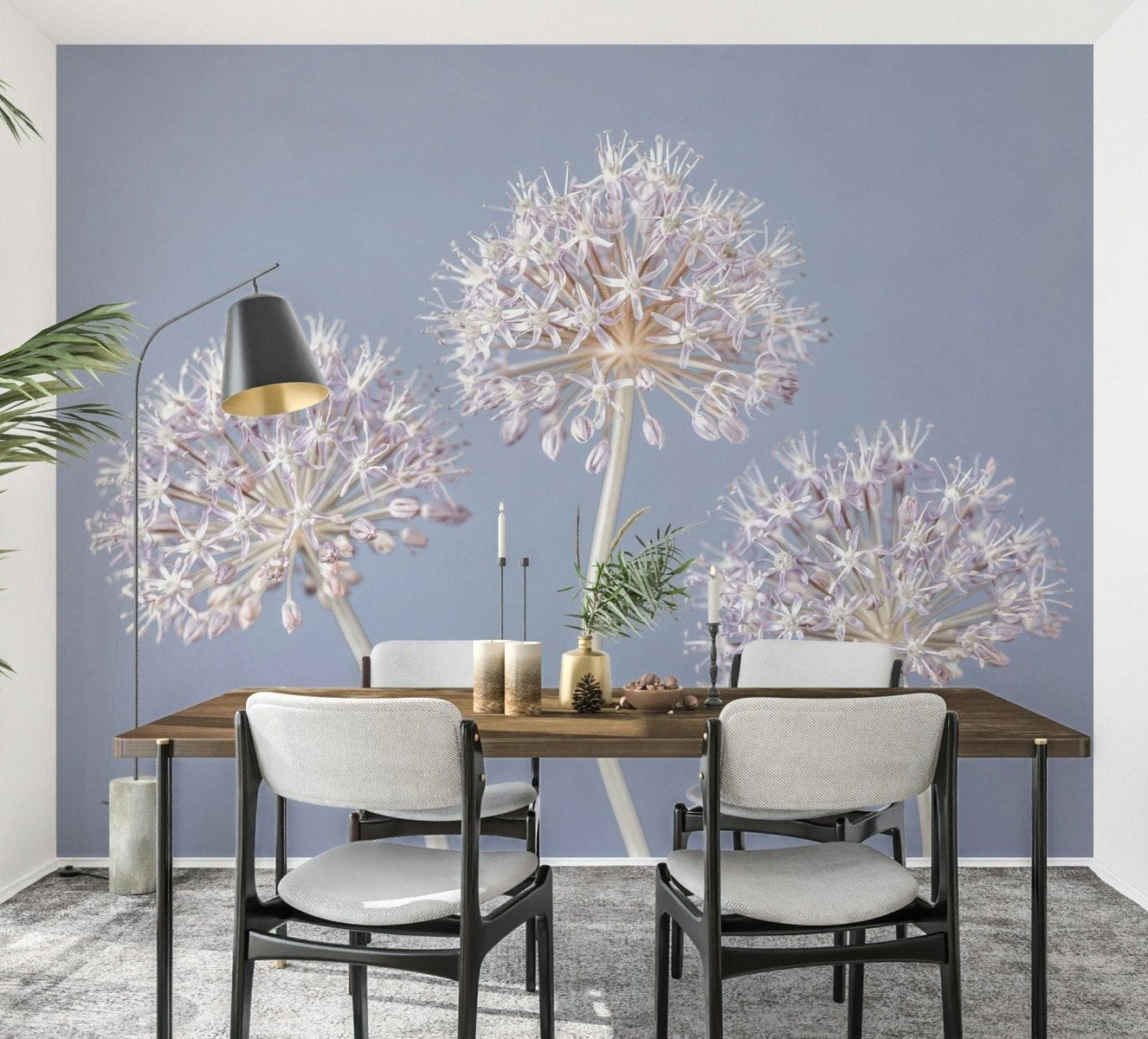 White Allium Triplet bloom wall covering design. Nature décor.