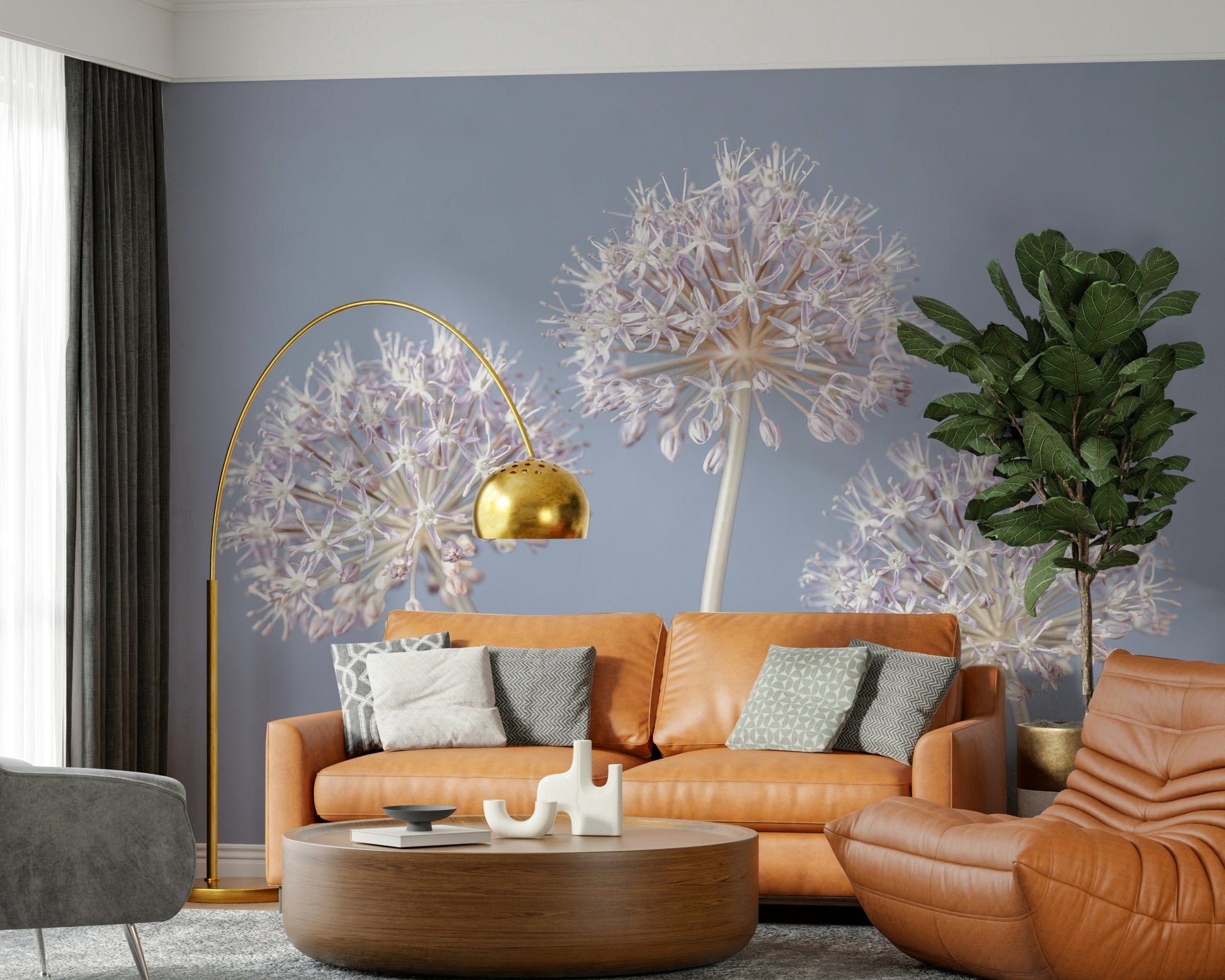Unique Allium Triplet flower cluster wall art. Modern botanical.