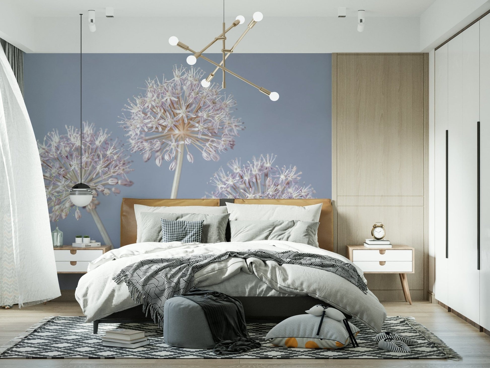 Serene Allium Triplet photo mural. Light gray background aesthetic.