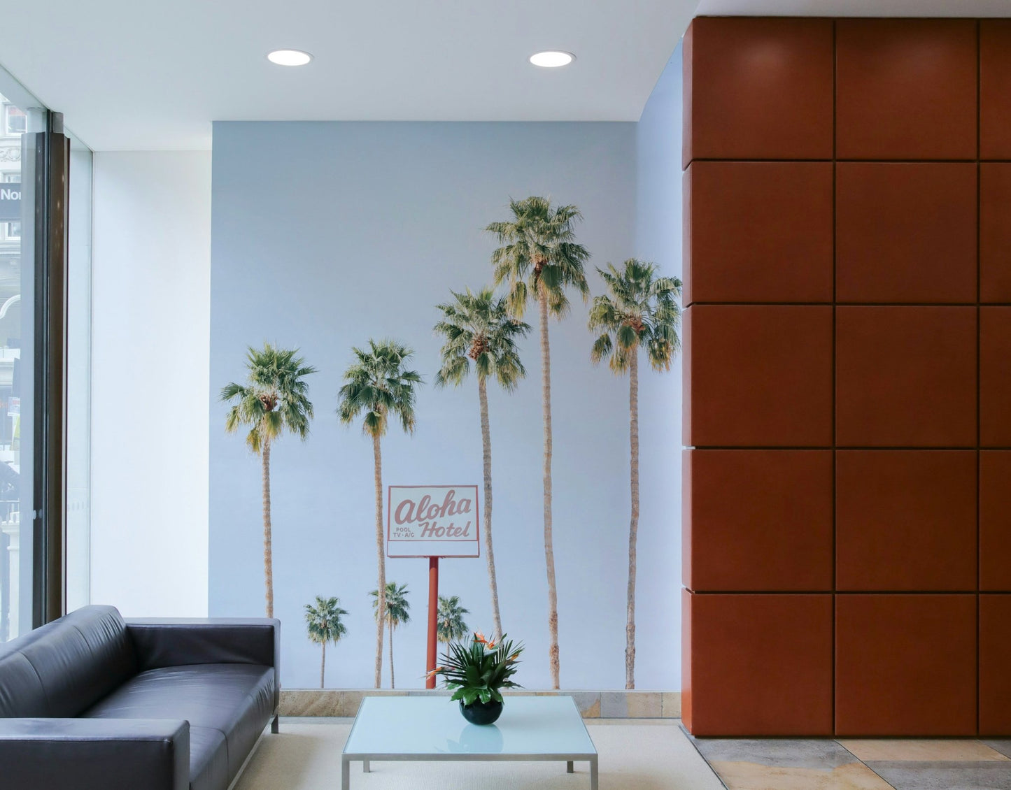 Calm hotel mural wallpaper scene

