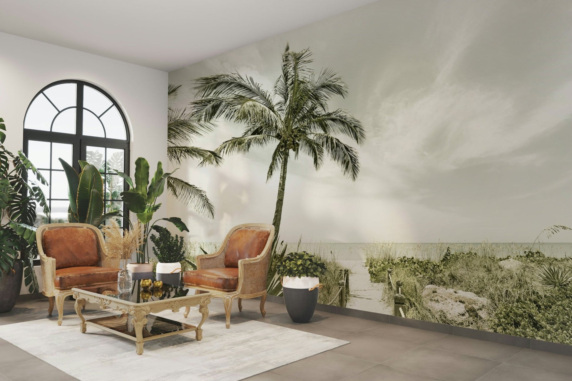 Tranquil beach wall mural with vintage vibes.

