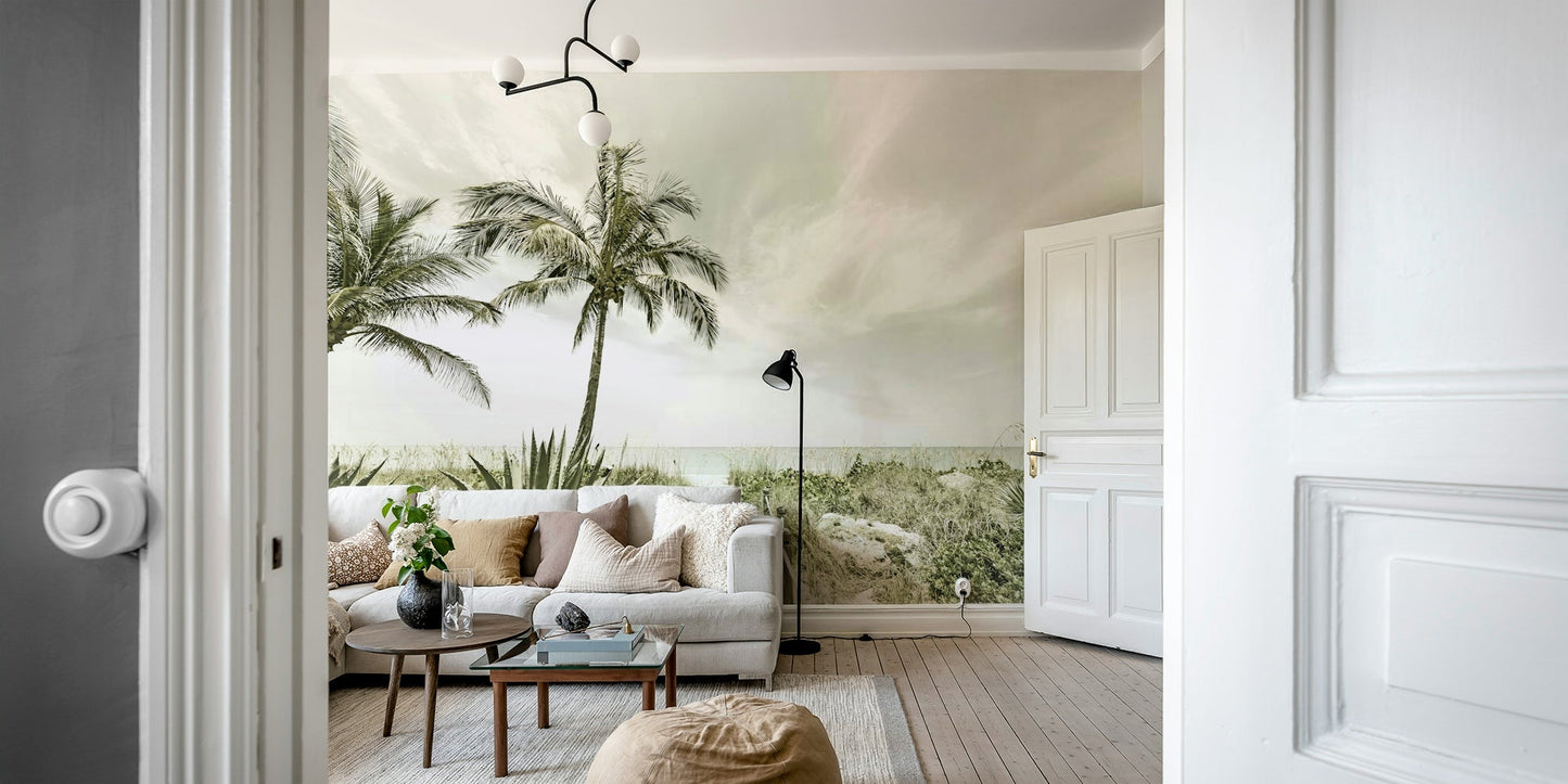 Vintage beach mural for serene room decor.

