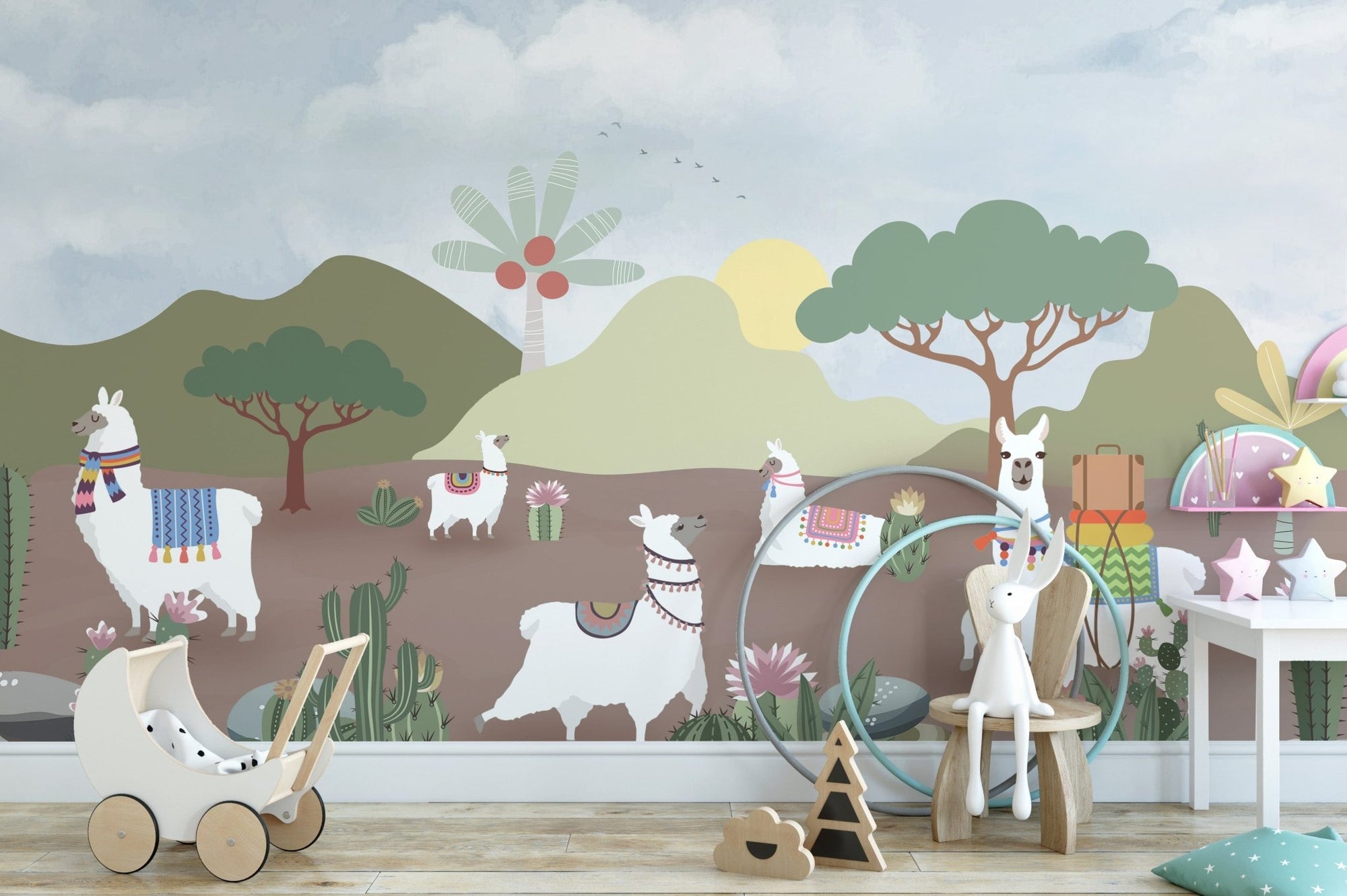 Playful alpacas in the desert wallpaper design, C79