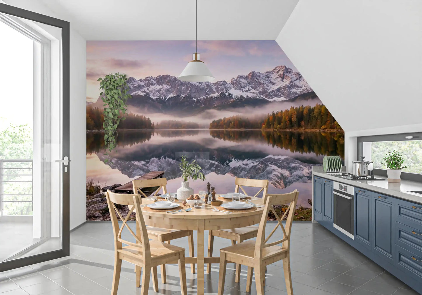 Soft pink and peach sunrise light fills the sky of Alpenglow Lake wall mural.GD9539
