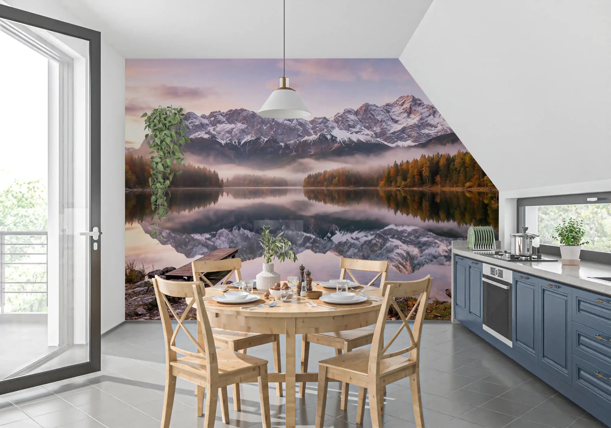 Soft pink and peach sunrise light fills the sky of Alpenglow Lake wall mural.GD9539